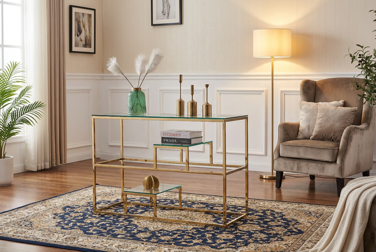 Console métal gold plateau transparent 120x40x78 cm ROMY