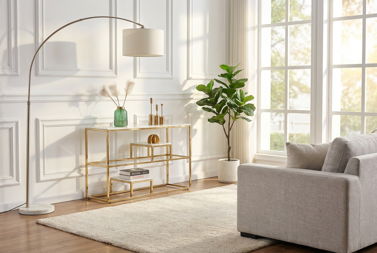 Console métal gold plateau effet marbre blanc 120x40x78 cm ROMY