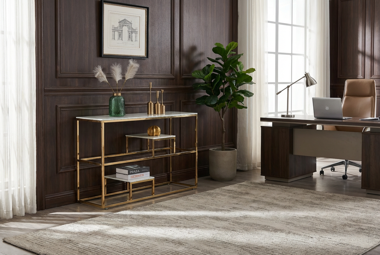 Console métal gold plateau effet marbre blanc 120x40x78 cm ROMY