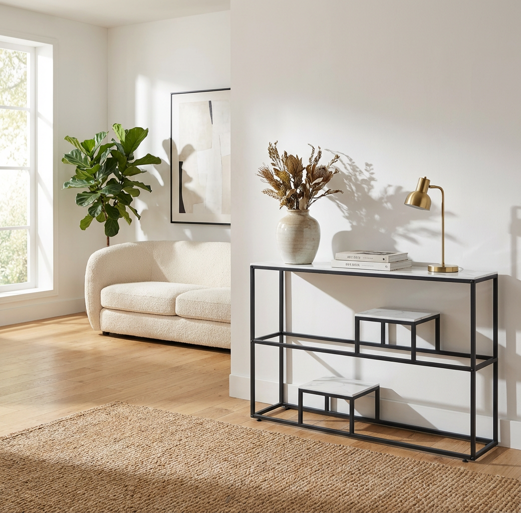 Console métal plateau effet marbre blanc 120x40x80 cm ROMY