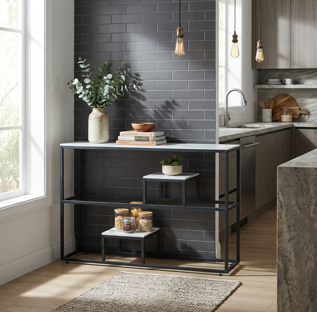 Console métal plateau effet marbre blanc 120x40x80 cm ROMY