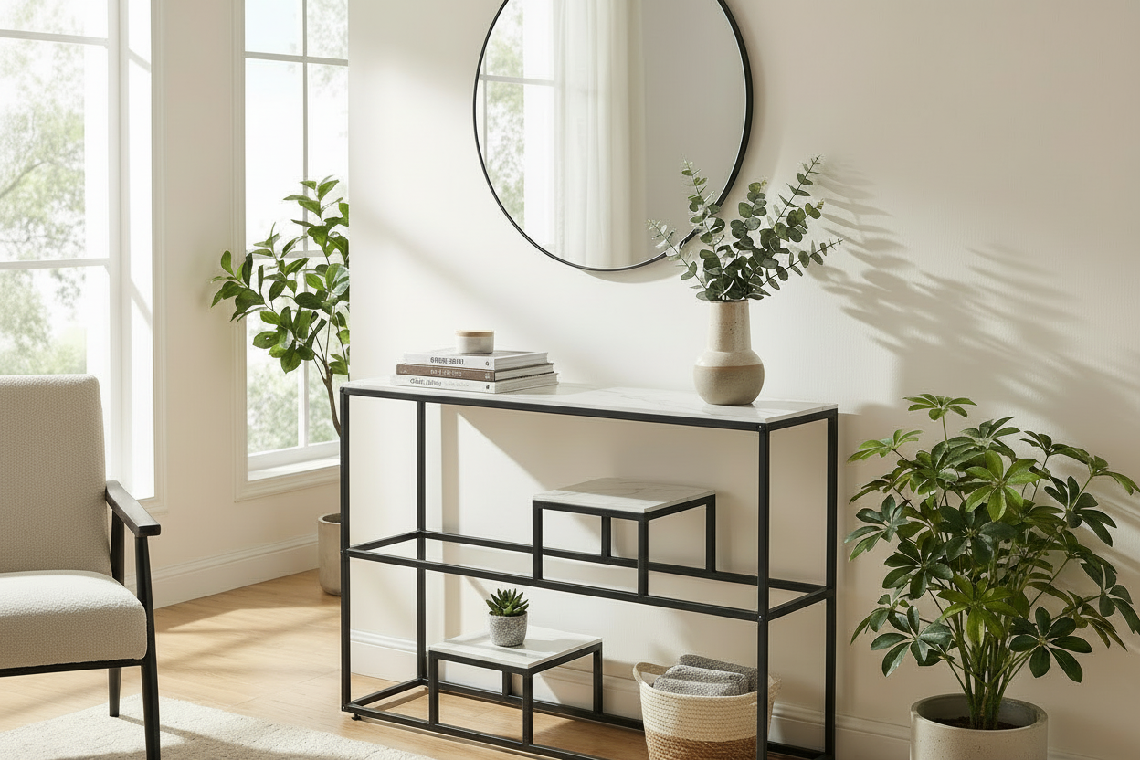 Console métal plateau effet marbre blanc 120x40x80 cm ROMY