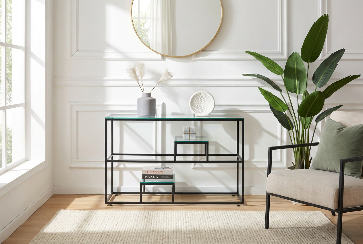 Console métal plateau transparent 120x40x80 cm ROMY