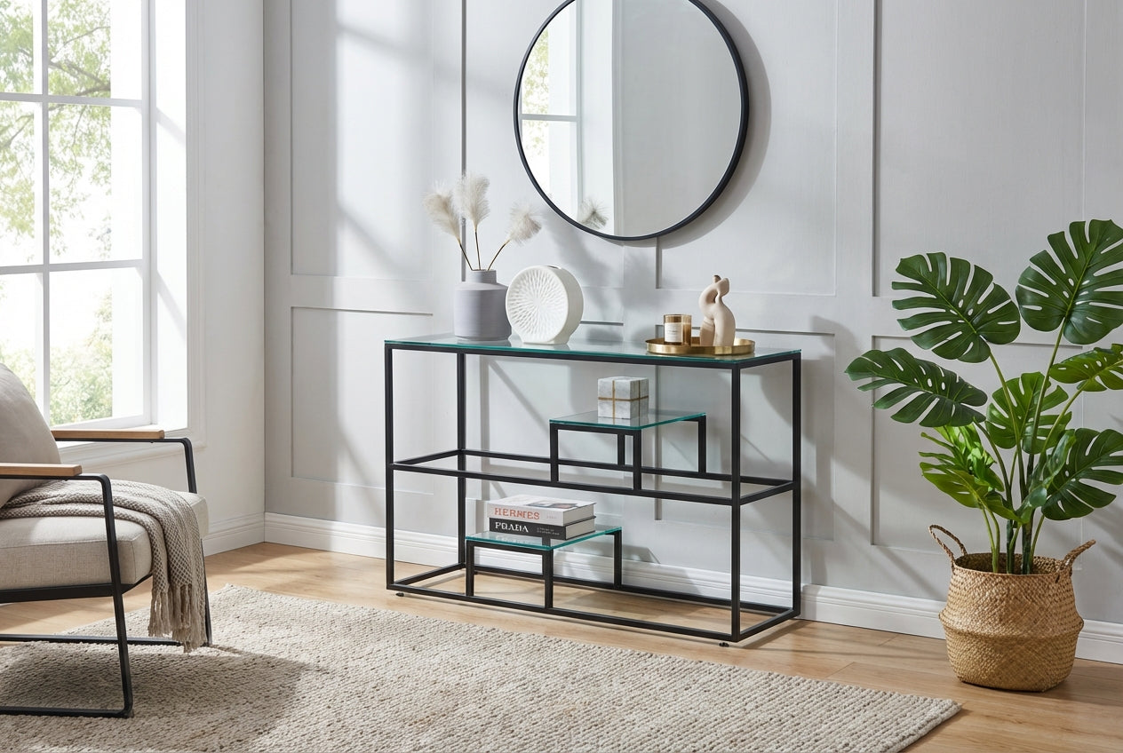 Console métal plateau transparent 120x40x80 cm ROMY