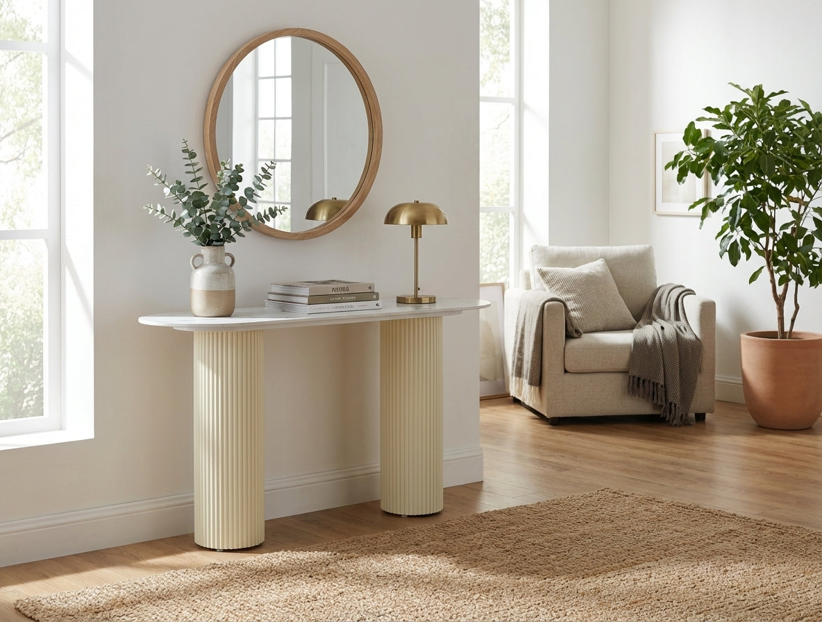 Console céramique effet marbre blanc pieds beige 120x40x78 cm ROXY