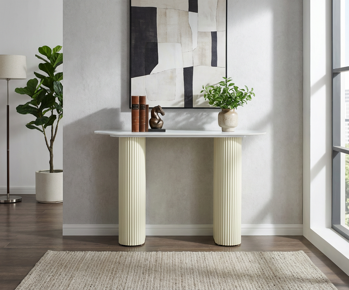 Console céramique effet marbre blanc pieds beige 120x40x78 cm ROXY