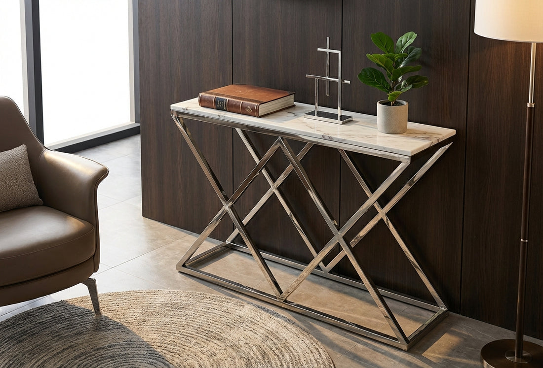 Console plateau effet marbre blanc métal chrome 120x40x78 cm TRIANGLE