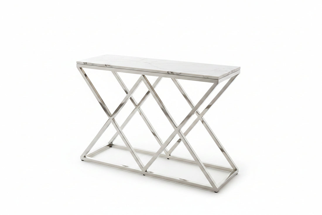 Console métal chrome base triangulaire plateau effet marbre 120 cm TRIANGLE
