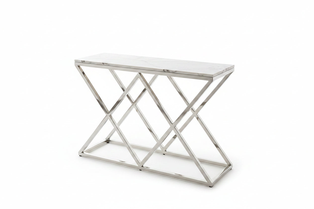 Console métal chrome base triangulaire plateau effet marbre 120 cm TRIANGLE