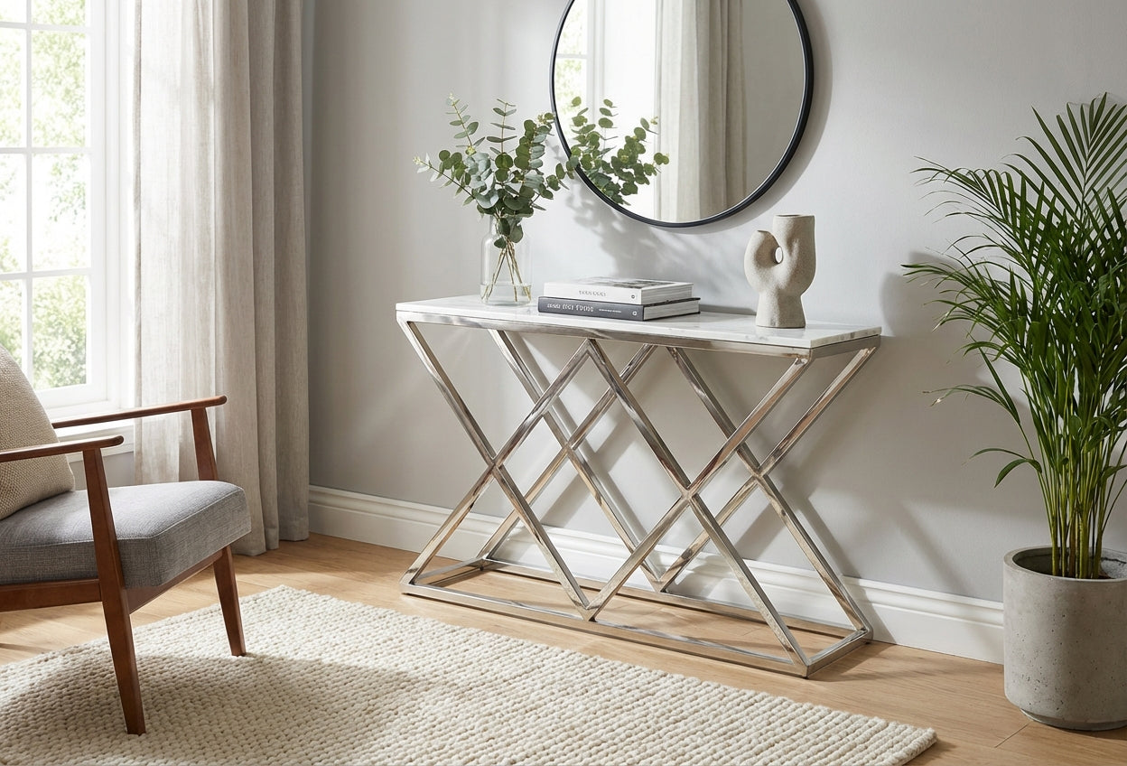 Console plateau effet marbre blanc métal chrome 120x40x78 cm TRIANGLE