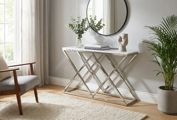 Console plateau effet marbre blanc métal chrome 120x40x78 cm TRIANGLE