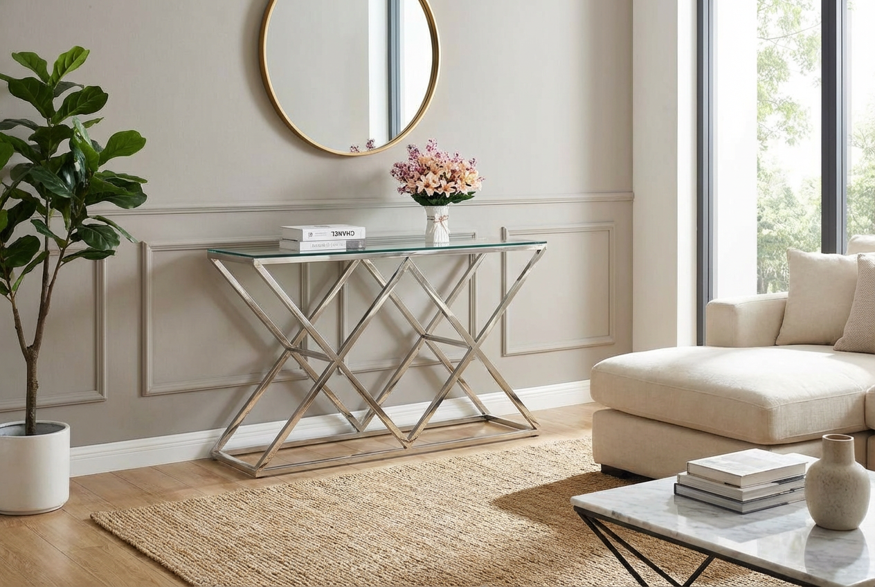 Console chrome plateau transparent 120x40 cm TRIANGLE