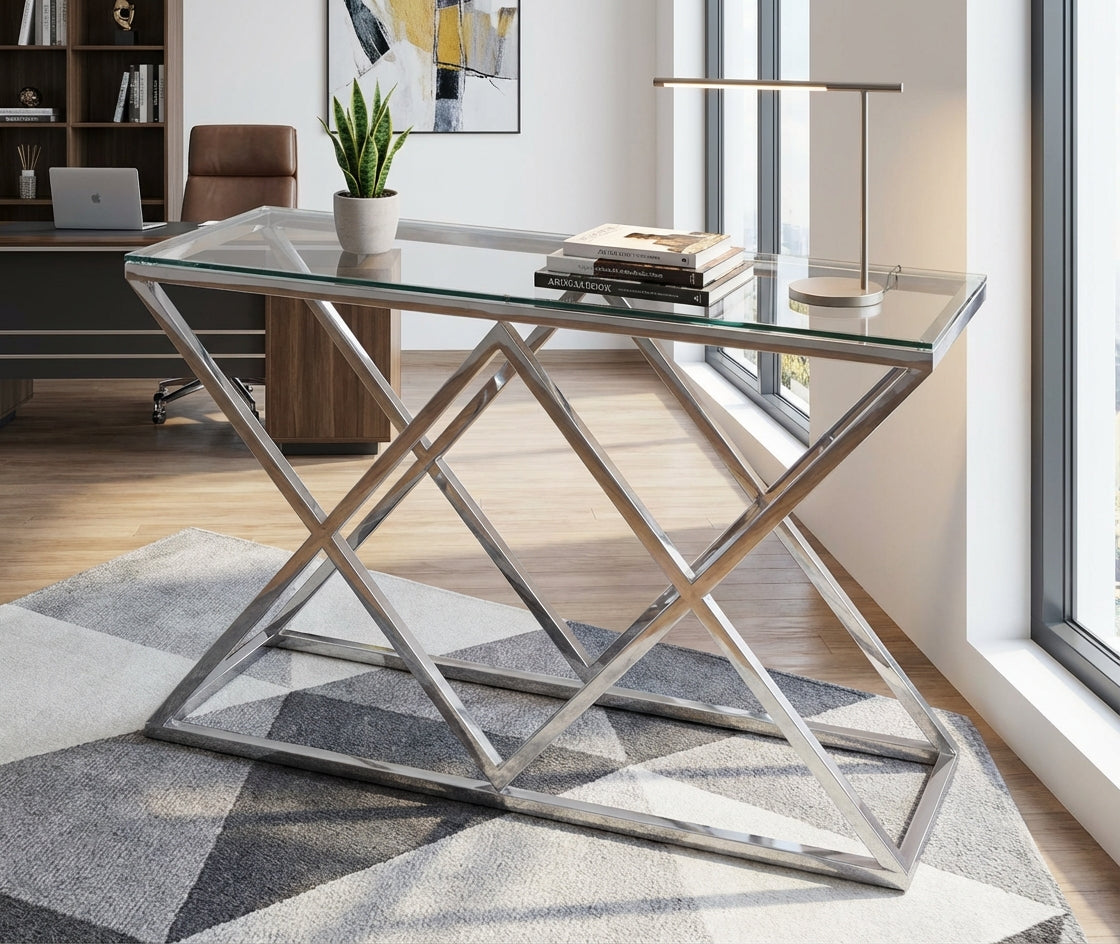 Console chrome plateau transparent 120x40 cm TRIANGLE