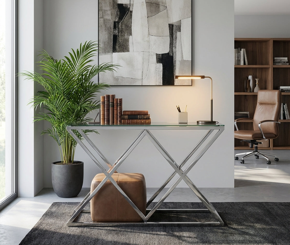 Console chrome plateau transparent 120x40 cm TRIANGLE
