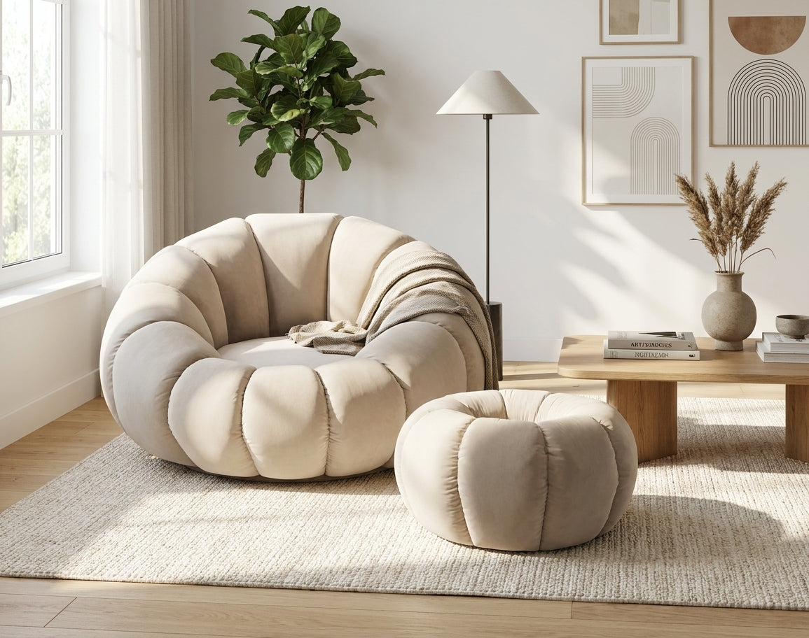 Ensemble fauteuil rond pivotant et pouf velours beige PERLE