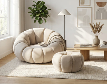 Ensemble fauteuil rond pivotant et pouf velours beige PERLE