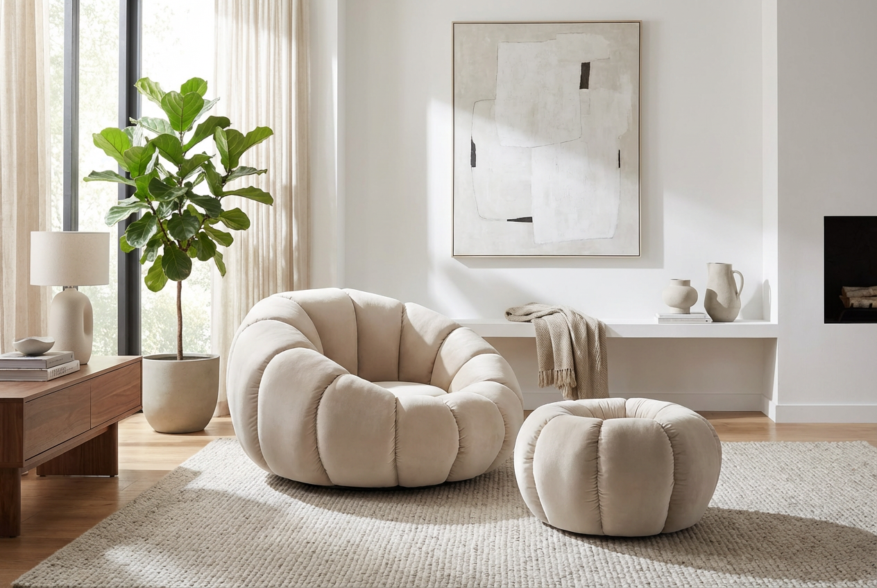 Ensemble fauteuil rond pivotant et pouf velours beige PERLE