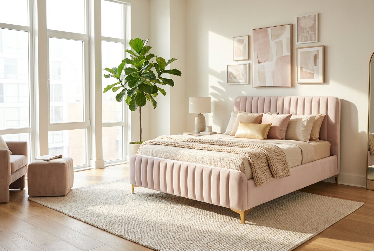 Lit 2 places velours rose 140x190 cm sommier inclus FAYE