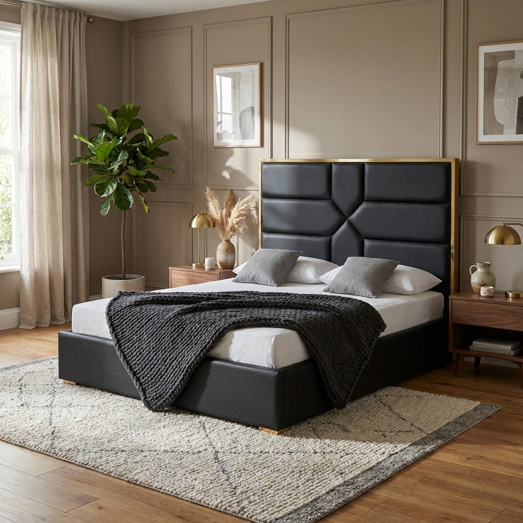 Lit 2 places GOLD MARK simili cuir noir 140x190 cm avec sommier intégré