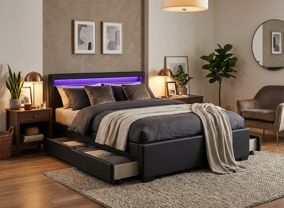 Lit 2 places 140x190 cm noir avec tiroirs LED sommier inclus