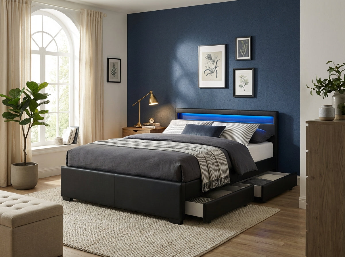 Lit 2 places 140x190 cm noir avec tiroirs LED sommier inclus