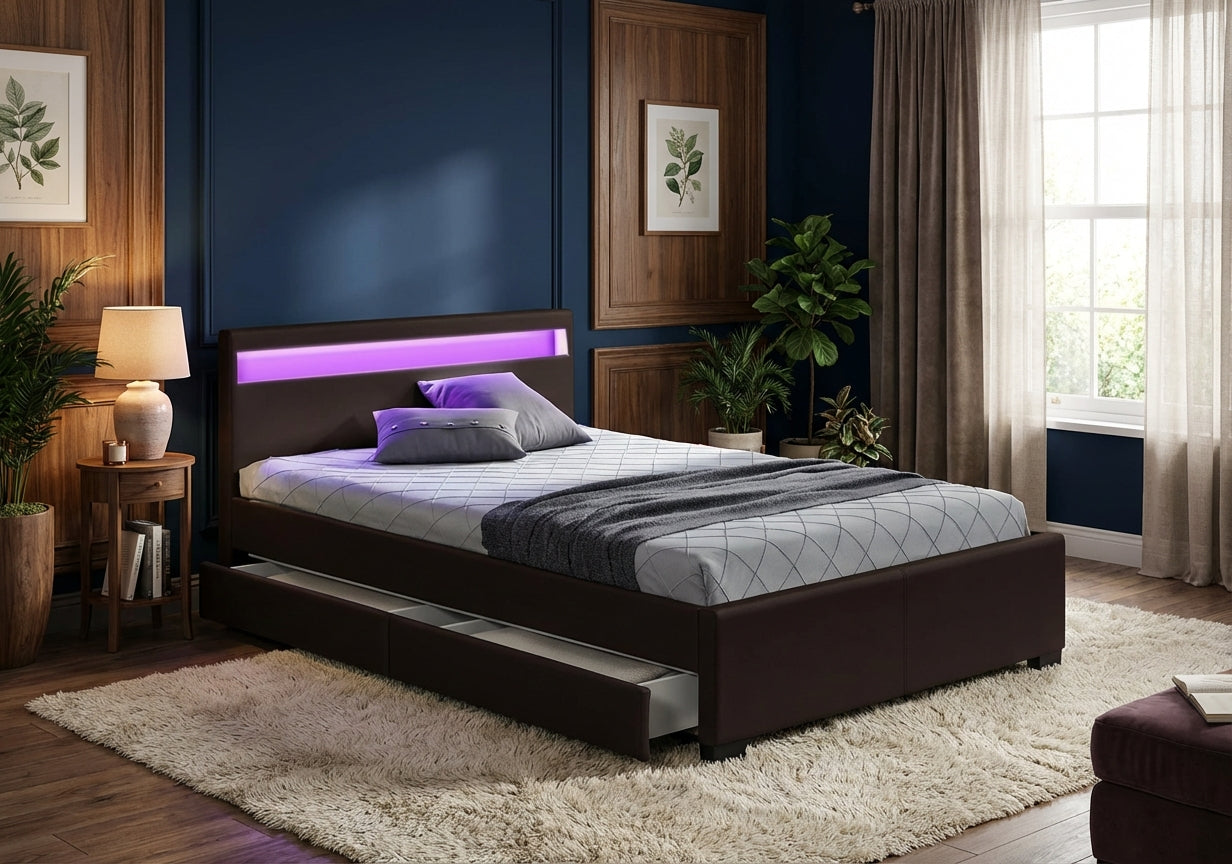 Lit 2 places 140x190 cm noir avec tiroirs LED sommier inclus