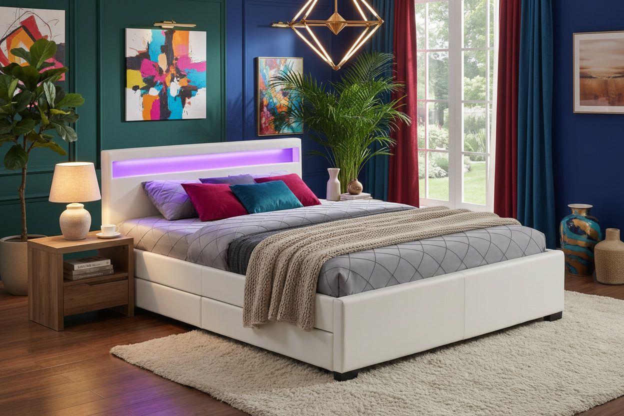 Lit adulte 2 places 140x190 cm blanc avec tiroirs LED sommier inclus