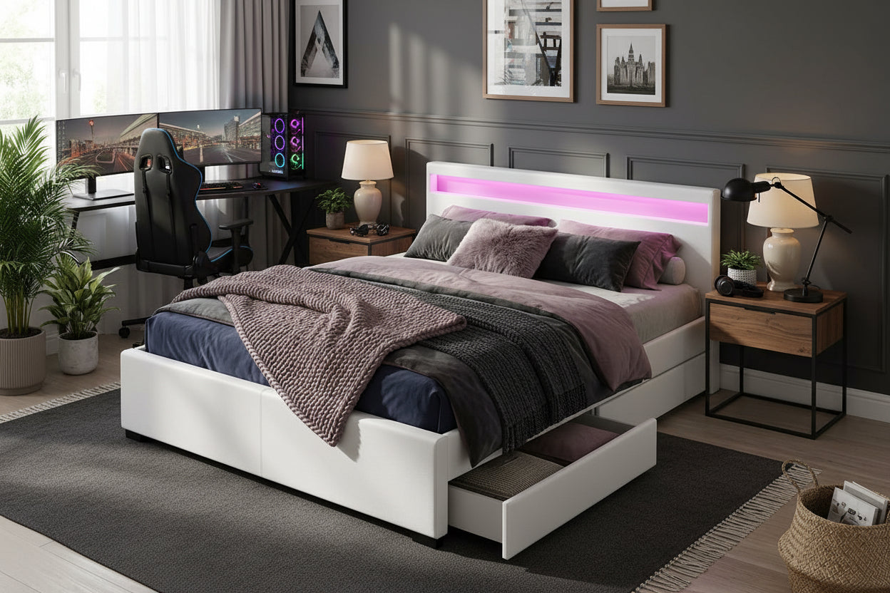 Lit adulte 2 places 140x190 cm blanc avec tiroirs LED sommier inclus