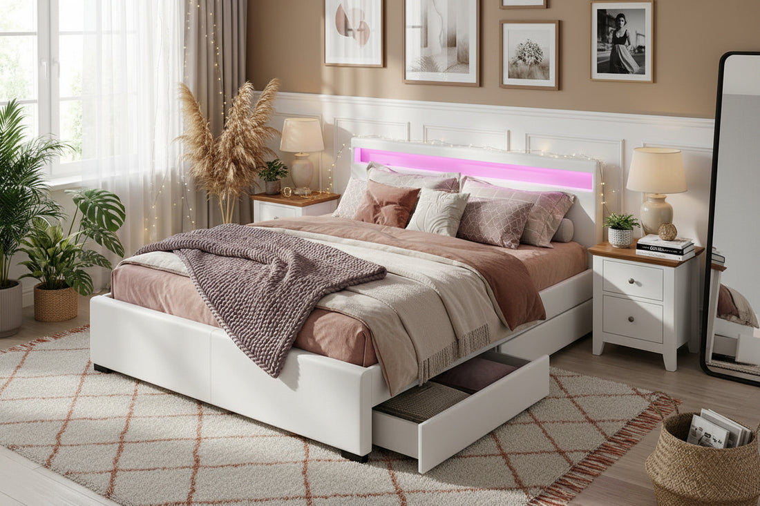 Lit 2 places 140x190 cm TIROIRS et LED sommier inclus #couleur_blanc