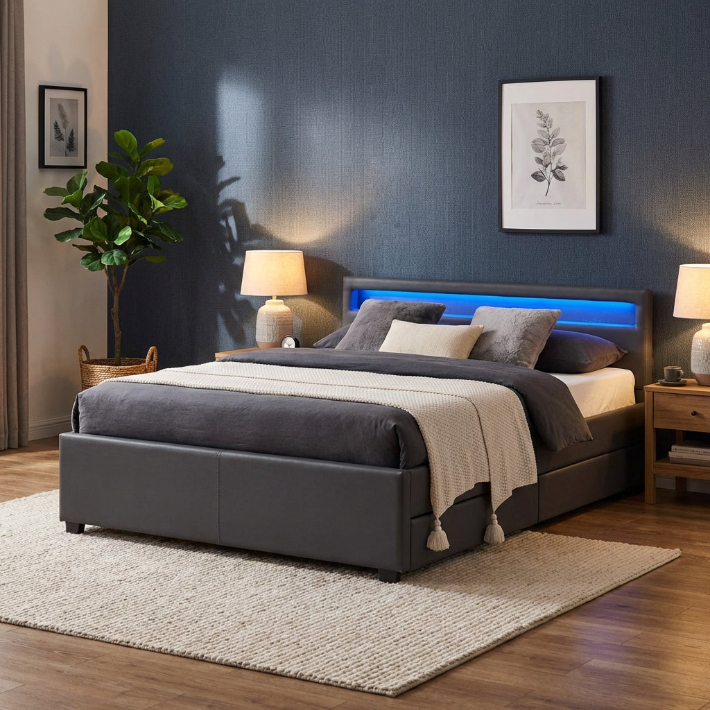 Lit adulte 2 places 140x190 cm gris avec tiroirs LED sommier inclus