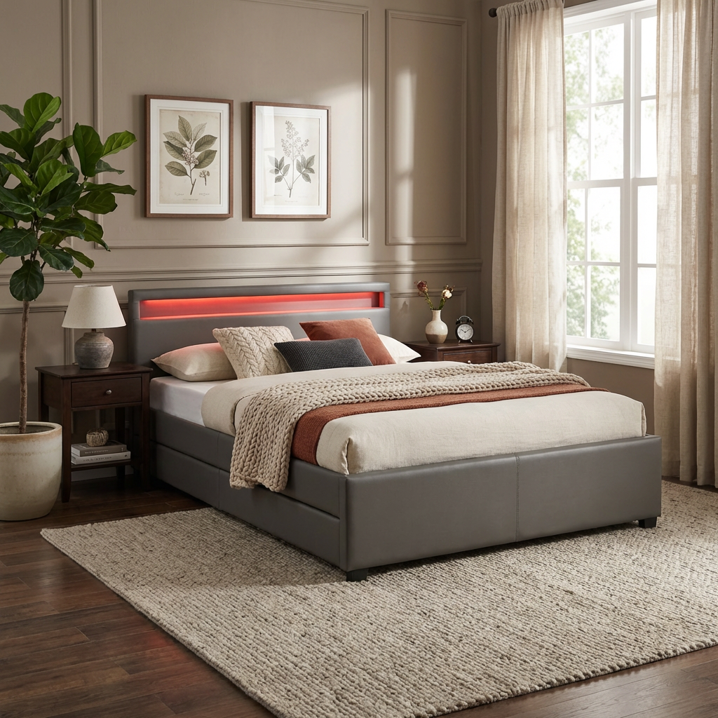 Lit adulte 2 places 140x190 cm gris avec tiroirs LED sommier inclus