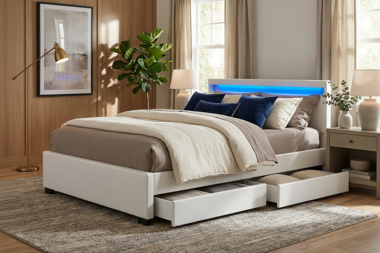 Lit adulte 160x200 cm blanc avec tiroirs LED sommier inclus