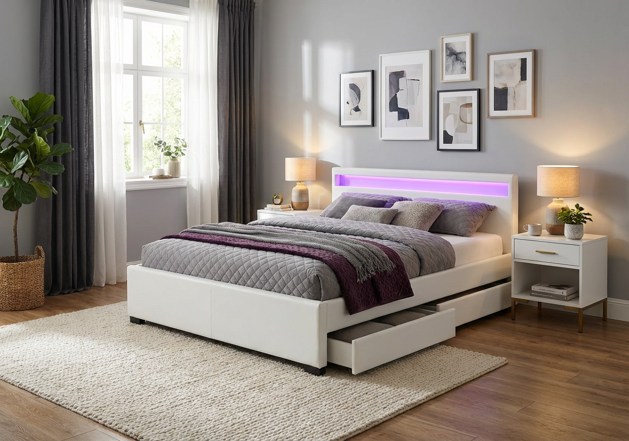 Lit adulte 160x200 cm blanc avec tiroirs LED sommier inclus