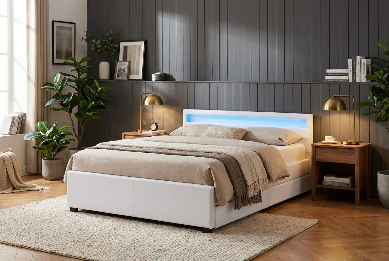 Lit adulte 160x200 cm blanc avec tiroirs LED sommier inclus