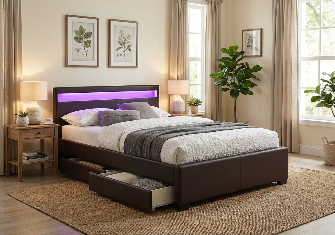 Lit adulte 160x200 cm noir avec tiroirs LED sommier inclus
