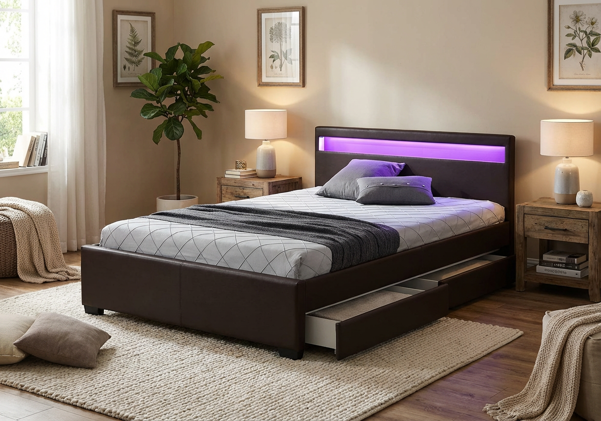 Lit 2 places 140x190 cm noir avec tiroirs LED sommier inclus