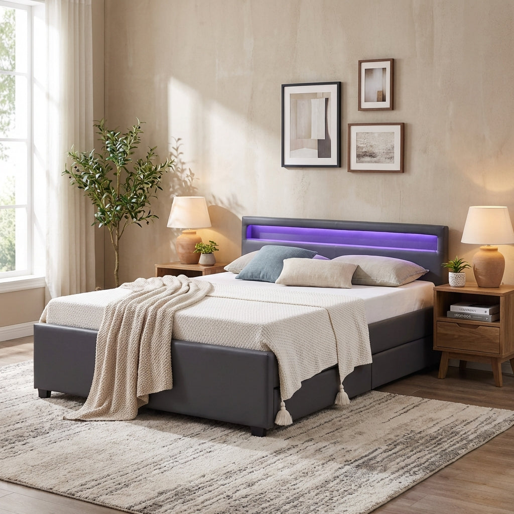 Lit adulte 160x200 cm gris avec tiroirs LED sommier inclus