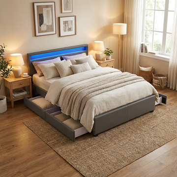 Lit adulte 160x200 cm gris avec tiroirs LED sommier inclus