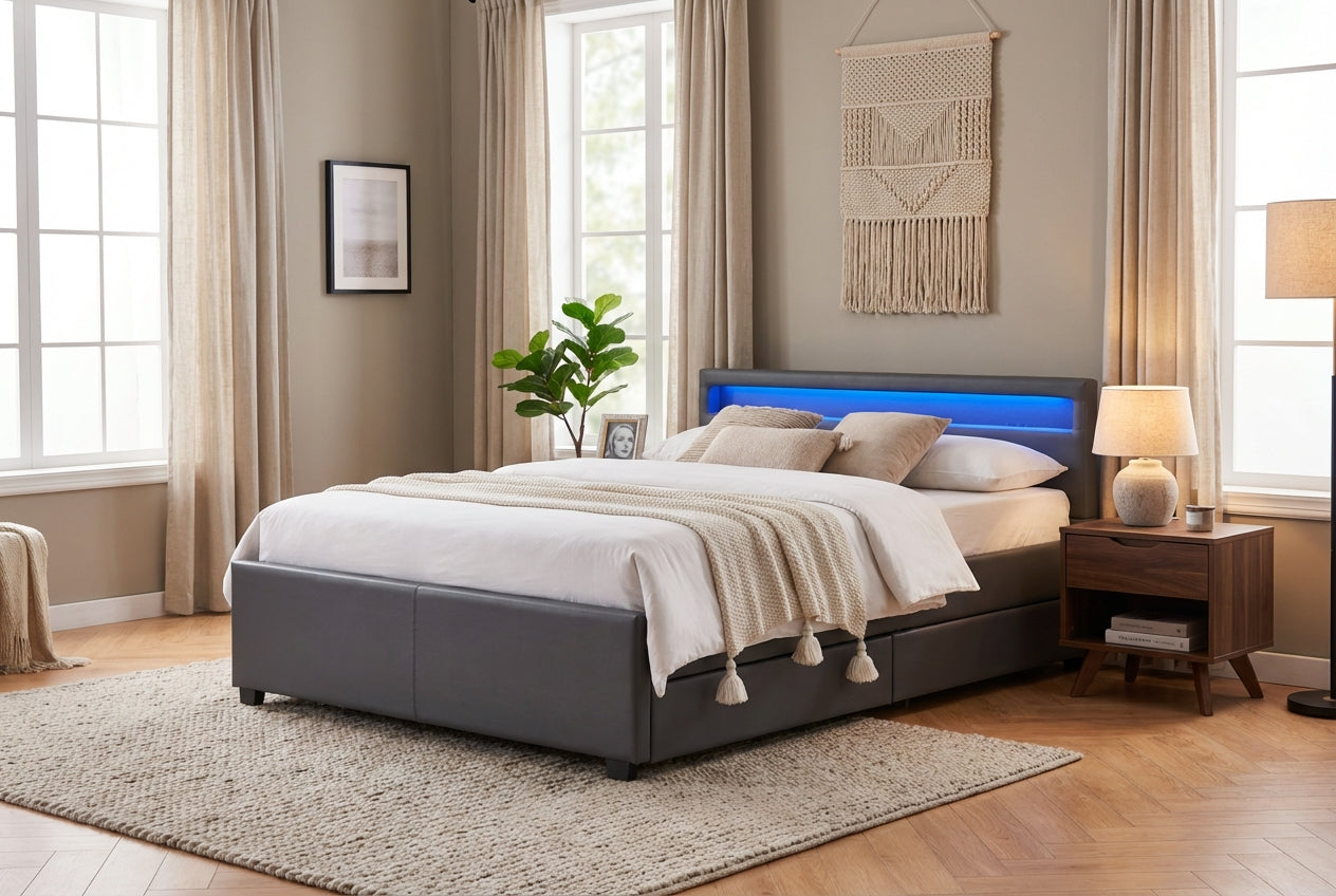 Lit adulte 160x200 cm gris avec tiroirs LED sommier inclus