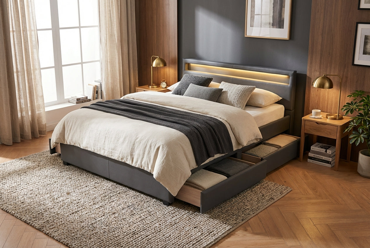 Lit adulte 160x200 cm gris avec tiroirs LED sommier inclus