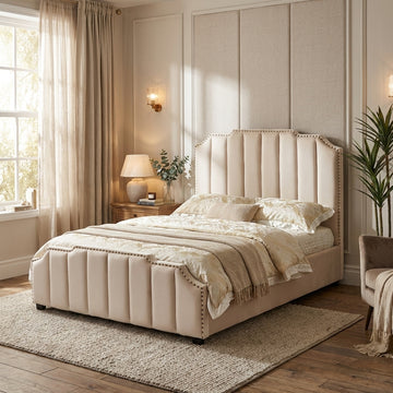 Lit Adulte Pepper 160x200 cm Velours Beige Clouté Sommier Inclus
