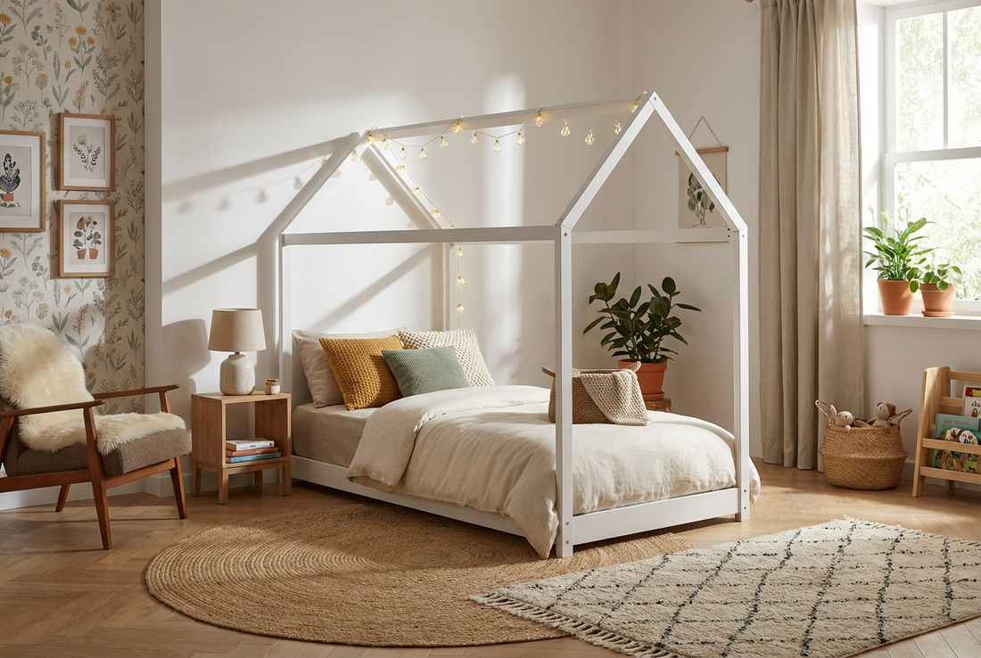 Lit cabane enfant bois blanc avec sommier 97x196x157 cm ROBINSON