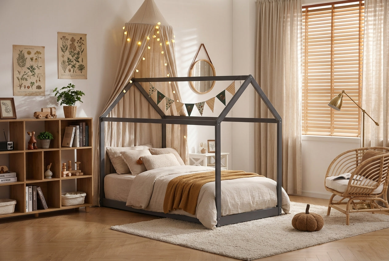 Lit cabane enfant bois gris avec sommier 97x196x157 cm ROBINSON