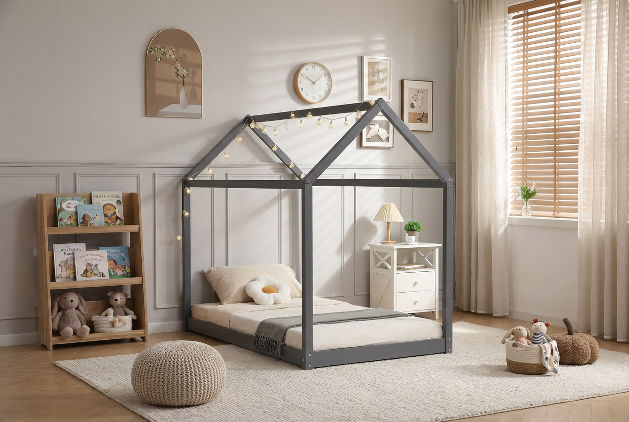 Lit cabane enfant bois gris avec sommier 97x196x157 cm ROBINSON