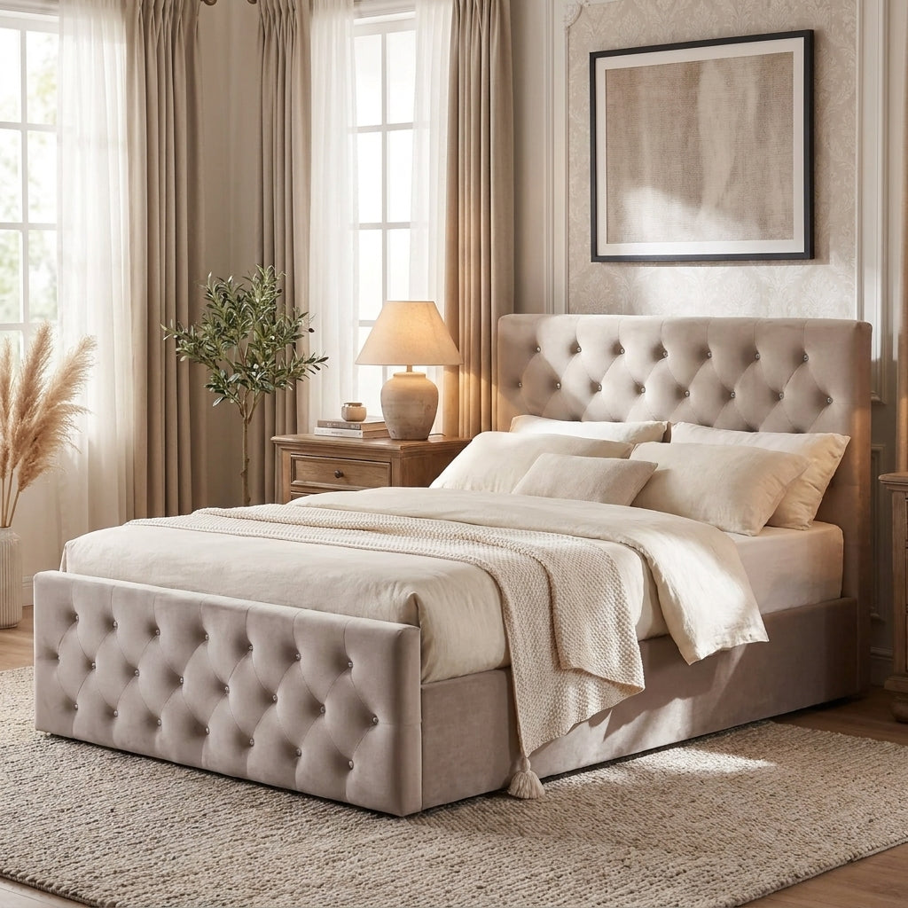 Lit coffre capitonné velours moka 160x200 cm sommier inclus VICTORIA