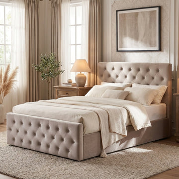 Lit coffre capitonné velours moka 160x200 cm sommier inclus VICTORIA