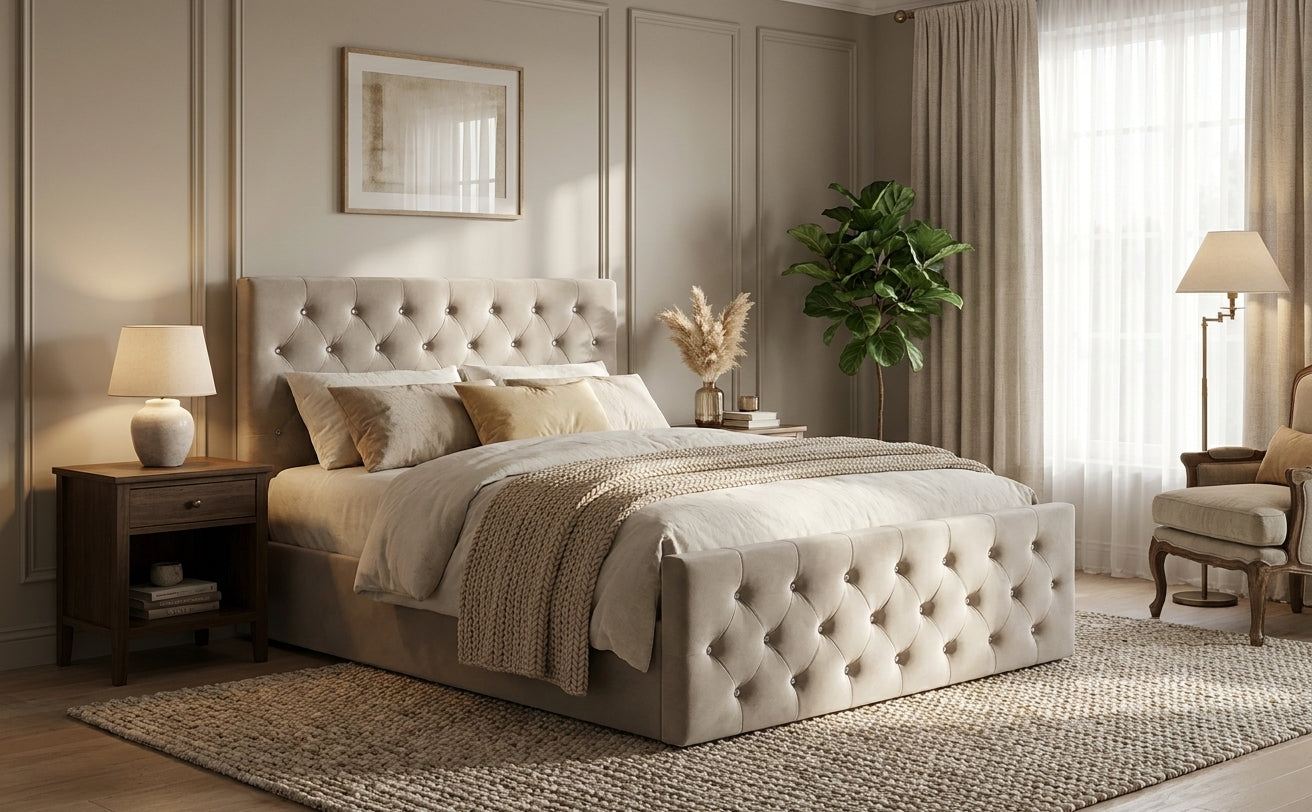 Lit coffre capitonné velours moka 160x200 cm sommier inclus VICTORIA