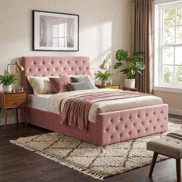 Lit coffre capitonné velours rose 160x200 cm sommier inclus VICTORIA