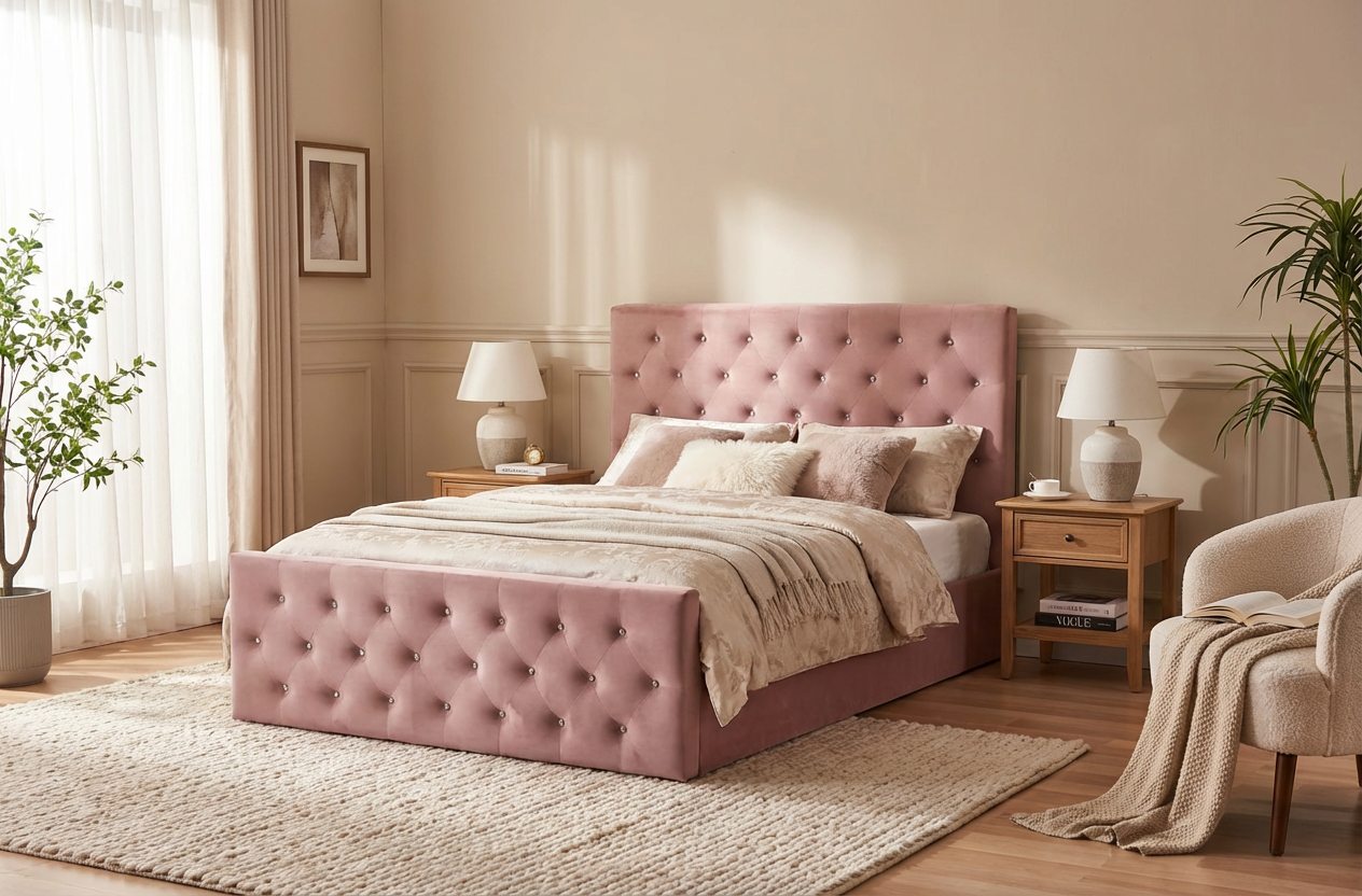 Lit coffre capitonné velours rose 160x200 cm sommier inclus VICTORIA