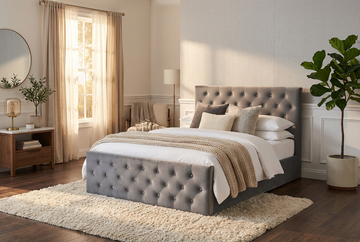 Lit coffre capitonné velours gris 160x200 cm sommier inclus VICTORIA